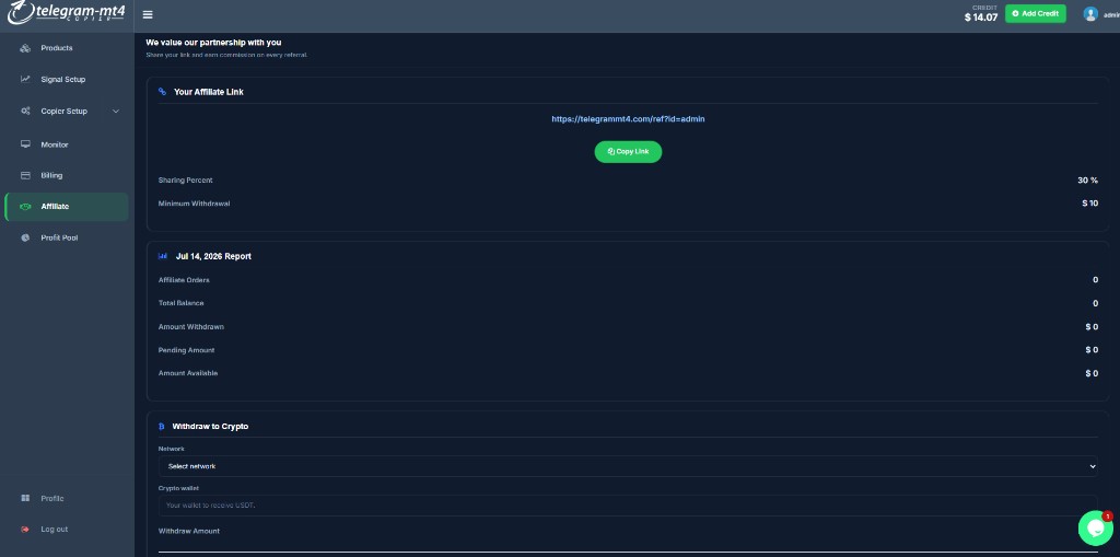 TelegramMT4 affiliate dashboard